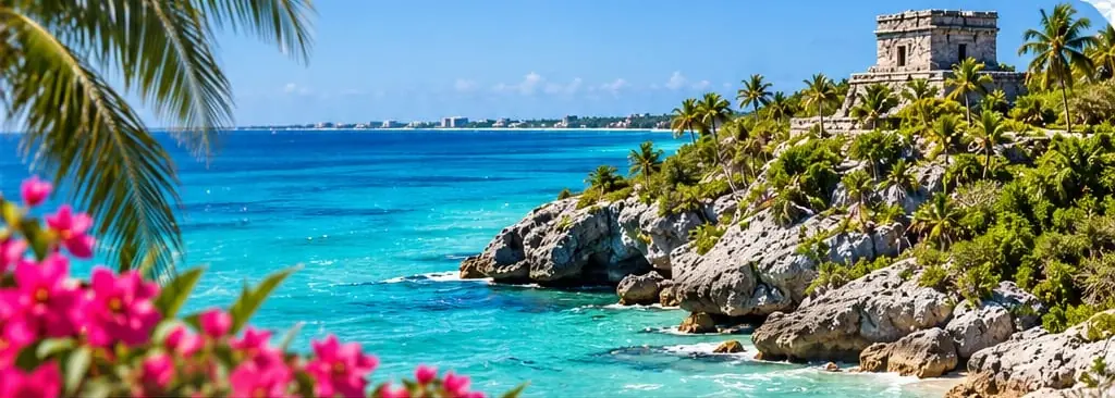 Mar turquesa, palmeras y las ruinas de Tulum frente al Caribe